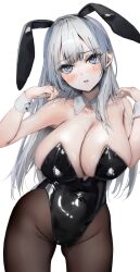 big_breasts blue_eyes blush breasts bunny_costume bunny_ears curves curvy ears_down hips huge_breasts large_breasts poharo revealing_clothes silver_hair tagme thick thick_thighs thigh_gap thighs tight_clothing white_hair wide_hips