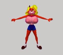 1girls 3d 3d_(artwork) activision animated animated_gif anthro anthro_only big_areola big_breasts bimbo blonde_hair blue_shorts breasts_bigger_than_head crash_(series) curvy curvy_female curvy_figure female female_only funny grey_ackground lanto low-poly low_poly lowpoly narrow_waist no_humans retro retro_artstyle simple_background solo standing t_pose tawna_bandicoot topless_female turnaround video_game video_games