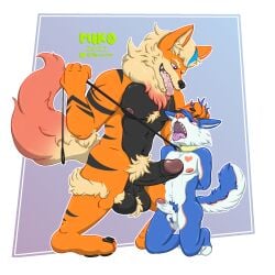 anthro arcanine balls bleu_softwolf blue_body blue_eyes blue_fur bodily_fluids canid canine canis collar crotch_tuft dripping duo feet fur generation_1_pokemon genital_fluids genitals heart hi_res highlights_(coloring) humanoid leash male male/male mammal mikosita nintendo nipples penis pokémon_(species) pokemon pokemon_(species) precum precum_drip purple_eyes saliva saliva_on_tongue saliva_string salivating simple_background tongue tongue_out tuft wolf