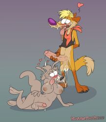 1boy 1futa anthro balls ballsack banditails big_breasts big_penis blonde_hair bodily_fluids body_fur breasts canid canine cartoony clothing cum dangling_testicles digital_media_(artwork) duo erection fluffy_tail foreskin fox foxbtails fur futanari genital_fluids genitals hi_res humanoid_genitalia humanoid_penis implants_(disambiguation) intact intersex intersex/male jacklyn_brown low_hanging_balls macropod male mammal marsupial nickelodeon nipples nude partially_retracted_foreskin penis piercing pouch_(anatomy) rocko's_modern_life scrotum simple_background smile smooth_fur testicles trans_woman transfem uncut veiny_penis wallaby