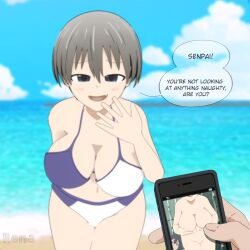 3d beach big_breasts busty foxyrenart grey_hair large_breasts looking_at_viewer phone photo_comparison pov sakurai_shinichi smug swimsuit top_heavy uzaki-chan_wa_asobitai! uzaki_hana