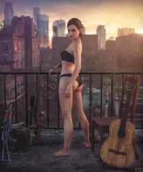 1girls 3d 3d_(artwork) absurd_res acoustic_guitar back back_view balcony bare_arms bare_back bare_legs bare_shoulders bare_thighs barefoot big_ass black_bra black_panties black_underwear bra bracelet brown_hair bubble_butt casual city_background cityscape ellie_(the_last_of_us) ellie_williams feet female female_focus female_only firearm freckles green_eyes guitar gun human large_filesize light-skinned_female looking_at_viewer looking_back mrvargas musical_instrument naughty_dog nipple_bulge pale_skin panties public rifle seductive seductive_look short_hair small_breasts sniper sniper_rifle solo solo_female solo_focus sony_interactive_entertainment standing tattoo tattoo_on_arm tattooed_arm the_last_of_us the_last_of_us_2 thick_ass tied_hair underwear weapon