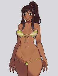 1girls b0nerbat bikini breasts brown_hair choker cleavage eyeshadow female freckles long_hair makeup micro_bikini original original_character pinup ponytail pubic_hair pubic_hair_peek simple_background solo solo_female thick_lips tiffany