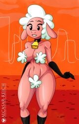 absurd_res alcasar-reich anthrofied bell_collar black_gloves black_socks covered_nipples covered_pussy droopy_(series) leggy_lamb muscular_female orange_background sheep sheep_wrecked shocked_expression unshaved_pussy wool