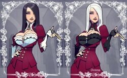 2girls balsamique black_hair breasts bursting_breasts busty cleavage clothing dark_hair eyebrows eyelashes eyes female gothic gothic_lolita hair hair_over_one_eye hourglass_figure lips long_hair voluptuous white_hair