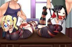 2boys 2girls arms_behind_back arms_tied_behind_back artist_request ball_gag barefoot black_hair blonde_hair blue_ball_gag blue_toenails blush bondage bound bound_toes desk duo feet female femsub gag gagged harness_gag hayasaka_ai helpless hogtie kaguya-sama_wa_kokurasetai_~tensai-tachi_no_renai_zunousen~ kneehighs leather_straps male maledom multiple_doms multiple_girls multiple_subs on_desk on_front on_stomach red_tape restrained rope rope_bondage shinomiya_kaguya tape_bondage tape_gag taped_mouth tied_toes tied_up wince