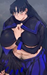 1girls 2d 2d_(artwork) areola_slip areolae blue_eyes breasts chubby chubby_female clothed covering_breasts edit female female_only gerogero51 hairy_breasts happy_trail huge_breasts naima_(ado) nipple_slip nipples pubic_hair pubic_hair_peek solo solo_female standing stomach_hair sweat sweaty sweaty_body tagme treasure_trail venus_body