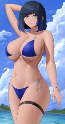 1girls 2022 beach bikini blue_bikini breasts female female_only genshin_impact green_eyes hips huge_breasts outdoors short_hair side_tie_bikini slim_waist thick_thighs thighs wide_hips yelan_(genshin_impact) zaphn