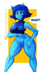 ? absurd_res alcasar-reich blue_hair blue_skin bob_cut bottomless hourglass_figure lapis_lazuli_(gem) lapis_lazuli_(steven_universe) muscular_female question short_hair steven_universe steven_universe_future thick_thighs tight_clothing tight_fit tight_topwear