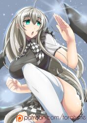 1girls big_ass big_breasts black_and_white_clothing black_dress breasts clothed clothes corset fighting_stance green_eyes haiyore!_nyaruko-san high_resolution legs long_hair maid nyaruko silver_hair solo thighhighs thighs torahime uncensored wide_hips