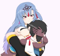 1boy 1boy1girl 1girls between_breasts black_hair blue_hair breasts crying epic7 female hug hugging kakari light-skinned_female light-skinned_male light_skin lua_(epic7) male/female simple_background smile smiling smiling_at_another white_background wholesome