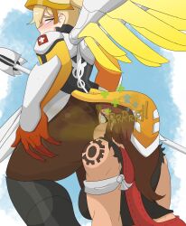 2girls ass billdenovo blizzard_entertainment blonde_hair blue_eyes blush brigitte brown_hair face_in_ass face_in_butt fart fart_cloud fart_fetish farting farting_in_face grabbing_own_thigh green_eyes looking_back mercy multiple_girls overwatch unusual_fart yuri