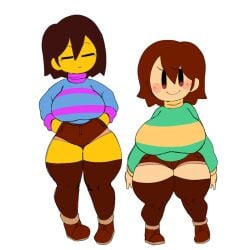 2d 2girls adorable big_breasts blush breasts brown_hair chara chara_(mochikirb_style) emotionless female female_only frisk frisk_(mochikirb_style) fully_clothed huge_breasts minishorts mob_face mochikirb red_eyes short_hair shorts shortstack size_difference smile standing thick_thighs thighs undertale undertale_(series) wide_hips