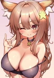 ;) animal_ear_fluff animal_ears annytf black_choker blush breasts brown_eyes brown_hair choker closed_mouth collarbone commentary covered_nipples english_commentary female fox_ears fox_girl fox_shadow_puppet gradient gradient_background hair_between_eyes hair_ornament indie_virtual_youtuber kaptivate large_breasts long_hair looking_at_viewer one_eye_closed pink_background smile solo star_(symbol) star_hair_ornament upper_body virtual_youtuber