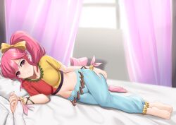 1girls barefoot bed belly breasts crop_top female fire_emblem fire_emblem:_mystery_of_the_emblem holding_hands kauru00 large_breasts long_hair looking_at_viewer navel nintendo on_bed on_side phina_(fire_emblem) pink_eyes pink_hair ponytail pov smile solo solo_female solo_focus