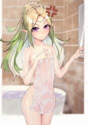 1girls angry bathtub blonde_hair breasts completely_nude covering female female_only fire_emblem fire_emblem_awakening flat_chest green_hair looking_at_viewer naked_towel navel nintendo nowi_(fire_emblem) nude nude_female pointy_ears pout purple_eyes see-through shower small_breasts solo thomas_(aoakumasan) towel