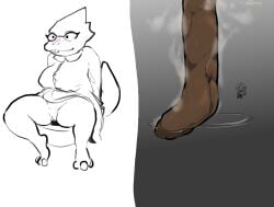 2019 alphys ambiguous_gender anthro blush eyewear feces female frisk genitals glasses hi_res human larger_female lizard mammal micro pussy reptile scalie scat sitting size_difference soulofmusashi toilet unaware undertale undertale_(series) video_games