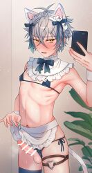 1boy ahoge bar_censor blue_bikini blue_legwear blush cat_ears cat_tail censor_bar censored censored_penis covered_nipples embarrassed ensemble_stars! femboy grey_hair legwear lifting_skirt light-skinned_male maid_headdress male male_focus male_only medium_penis micro_bikini o_na__tsu ogami_koga open_mouth selfie short_hair silver_hair sissy skinny solo solo_focus solo_male taking_picture thick_thighs yellow_eyes