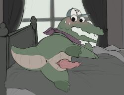 alligator alligatorid animal_genitalia animal_penis anthro anus ass baseball_cap bed bedroom benji_(artist) blush bodily_fluids clothing crocodilian crocodilian_penis erection furniture genitals hat headgear headwear hi_res inside later_alligator looking_at_viewer male mostly_nude on_bed pat_(later_alligator) penis presenting presenting_hindquarters presenting_penis reptile scalie solo sweat sweatdrop window