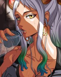 1girls 2d bbdbg03 big_breasts blue_hair breasts brown_eyes clothed clothing curvy drinking_water ear_piercing earrings female female_focus female_only gradient_hair hi_res highres hoop_earrings horned_humanoid horns humanoid light-skinned_female light_skin long_hair multicolored_hair one_piece oni oni_horns revealing_clothes simple_background solo two_tone_hair white_hair yamato_(one_piece)