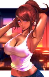 asahina_aoi breasts cleavage danganronpa danganronpa:_trigger_happy_havoc danganronpa_1 female_only kittymiya large_breasts shorts straight_hair tank_top tanned tanned_female tanned_skin