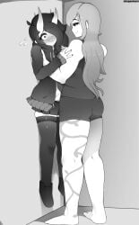 against_wall ahegaokami black_and_white butt horns how_to_talk_to_short_people long_hair meme monochrome nervous_sweat oni spooky_(ahegaokami) taller_girl thighs