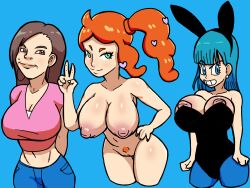 big_breasts blue_eyes blue_hair breasts brown_eyes brown_hair bulma bulma_(bunny) bulma_briefs bunny_ears bunny_girl bunnysuit casual_nudity cleavage dragon_ball green_eyes huge_breasts makensie_mcmullen navel nipple_slip nipples orange_hair original_character pokemon pokemon_ss pubic_hair pussy simple_background sonia_(pokemon) teenage_bulma teenage_girl teenager