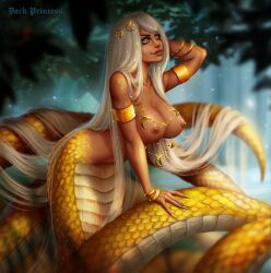 armlet huge_breasts jewelry lamia long_hair margo_dark_princess monster_girl original original_character sharp_fingernails silver_hair snake_eyes snake_girl tanned_skin voluptuous