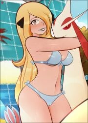 1girls arkeus blonde_female bra breasts cynthia_(pokemon) milotic panties pokemon