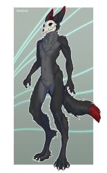 anthro black_fur bone canine claws cuntboy deodrac grey_fur gronnulv hi_res intersex long_ears mammal nude pussy red_fur skull skull_head solo standing wolf