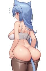 anal_tail animal_ears ass blue_hair blush bra breasts brown_pantyhose cat_ears closed_mouth commentary english_commentary fake_tail female from_behind highres itsumi_(kaptivate) kaptivate large_breasts long_hair looking_at_viewer original pantyhose red_eyes simple_background smile solo sweat tail underwear wavy_mouth white_background white_bra