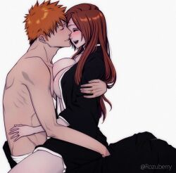 1boy 1girls bleach blush breast_press breasts brown_hair canon_couple closed_eyes couple happy highres husband_and_wife ichigo_kurosaki inoue_orihime jewelry large_breasts lips long_hair married_couple open_mouth orange_hair parted_lips ring rozuberry short_hair shounen_jump simple_background sitting sitting_on_lap sitting_on_person straight topless_male twitter_username wedding_ring white_background