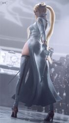 1girls 3d ass big_ass blonde_hair breasts clothed clothing female female_focus female_only huge_ass light-skinned_female light_skin long_hair narrow_waist nier nier:_automata rear_view sixplusone solo_female standing thighhighs yorha_commander