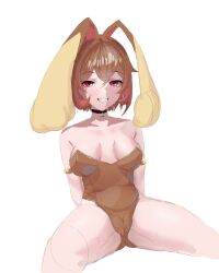 1girls 2d animal_ears artist_request bell_collar brown_hair bunny_ears bunnysuit chara collar crossover female female_only lopunny lopunny_(cosplay) pokemon pokemon_(cosplay) pokemon_(species) red_eyes solo tagme thick_thighs undertale undertale_(series) wet wet_clothes white_background