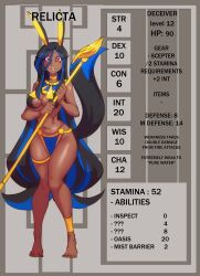 1girls 2022 barefoot beauty_mark blue_highlights breasts character_name cleavage dark-skinned_female english_text feet gameplay_mechanics green_eye heterochromia jackal_ears looking_at_viewer multicolored_hair navel_piercing nisego original red_eye relicta_(nisego) solo solo_female tail text very_long_hair yellow_eyeshadow yellow_lips