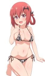 animal_print bangs bare_shoulders barefoot bat_hair_ornament bikini breasts cleavage collarbone cow_print female gabriel_dropout hair_between_eyes hair_ornament hair_rings hand_on_own_chest hand_up highres kurumizawa_satanichia_mcdowell large_breasts looking_at_viewer nyaroon oerba_yun_fang onidere open_mouth pink_eyes red_hair satanichia_kurumizawa_mcdowell shiny shiny_hair shiny_skin side-tie_bikini simple_background solo standing standing_on_one_leg string_bikini swimsuit thighs underboob white_background