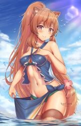 alternate_breast_size animal_ears artist_name bangs bare_arms bare_shoulders blush breasts brown_hair cleavage commentary_request day female highres kaptivate long_hair looking_at_viewer navel outdoors raccoon_ears raccoon_girl raccoon_tail raphtalia smile solo tail tate_no_yuusha_no_nariagari very_long_hair