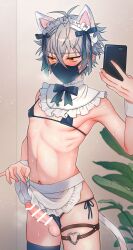 1boy ahoge bar_censor blue_bikini blue_legwear blush cat_ears cat_tail censor_bar censored censored_penis covered_mouth covered_nipples embarrassed ensemble_stars! femboy grey_hair legwear lifting_skirt light-skinned_male maid_headdress male male_focus male_only mask medium_penis micro_bikini o_na__tsu ogami_koga open_mouth selfie short_hair silver_hair sissy skinny solo solo_focus solo_male taking_picture thick_thighs yellow_eyes