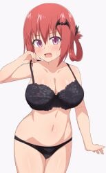 bangs bare_shoulders bat_hair_ornament black_bra black_panties blush bra breasts cleavage collarbone cowboy_shot female gabriel_dropout grey_background hair_between_eyes hair_ornament hair_rings hand_up highres kurumizawa_satanichia_mcdowell large_breasts legs_together looking_at_viewer navel nyaroon open_mouth panties pink_eyes red_hair satanichia_kurumizawa_mcdowell shiny shiny_hair shiny_skin simple_background solo standing strap_lift sweatdrop thighs underwear underwear_only