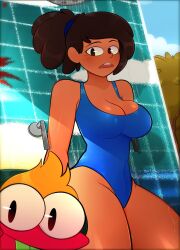 amphibia amphibia_(series) anthro arkeus asian_female blue_one-piece_swimsuit blue_swimsuit blush breasts brown_hair brunette cleavage dark-skinned_female dark_skin disney disney_channel female frog frog_boy fully_clothed male mature mature_female milf mrs._boonchuy one-piece_swimsuit oum_boonchuy red_hair shower smooth_skin sprig_plantar swimming_suit swimsuit thai