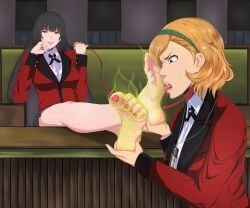 2girls black_hair collar danny782 female female_only foot_fetish foot_focus foot_worship itsuki_sumeragi jabami_yumeko kakegurui leash licking licking_foot multiple_girls red_eyes slave smell smelly smelly_feet soles toes wrinkled_feet wrinkled_soles yuri