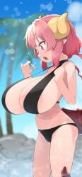 1girls bikini dragon_girl horns huge_areolae huge_breasts ilulu_(dragon_maid) light-skinned_female light_skin miss_kobayashi's_dragon_maid monster_girl nipple_bulge outdoors outside peace_sign pink_hair sharp_teeth shortstack smile solo solo_female top_heavy toudori