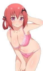 arm_up blush bra breasts cleavage demon_girl female gabriel_dropout hair_ornament highres kurumizawa_satanichia_mcdowell large_breasts leaning_forward looking_at_viewer navel nyaroon oerba_yun_fang onidere panties pink_bra pink_panties purple_eyes red_hair satanichia_kurumizawa_mcdowell simple_background solo sweatdrop underwear underwear_only white_background