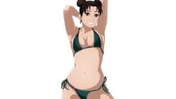 1girls armpits arms_behind_head arms_up bikini breasts brown_eyes brown_hair cleavage double_bun female female_only grin hair_bun looking_at_viewer midriff naruto naruto_(series) naruto_shippuden side-tie_bikini smile solo solo_focus swimsuit tenten uliyalsa