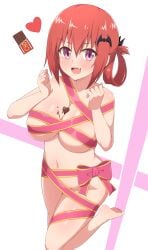 :d barefoot bat_hair_ornament breasts chocolate chocolate_on_body chocolate_on_breasts commentary_request female food_on_body gabriel_dropout hair_ornament heart highres kurumizawa_satanichia_mcdowell large_breasts looking_at_viewer naked_ribbon nude nyaroon oerba_yun_fang onidere open_mouth pink_eyes red_hair red_ribbon ribbon satanichia_kurumizawa_mcdowell short_hair smile soles solo standing standing_on_one_leg valentine