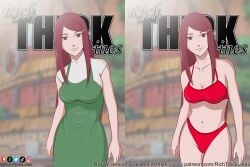 1girls bra breasts cleavage dress female female_only hair hairclip highleg highleg_panties looking_at_viewer mature mature_female mature_woman midriff milf naruto naruto_(series) naruto_shippuden panties purple_eyes red_hair richthicklines smile solo solo_focus split_screen underwear uzumaki_kushina very_long_hair