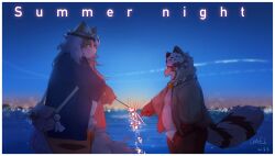 2022 ailurid anthro asian_clothing balls belly canid canine clothing duo east_asian_clothing fireworks fundoshi genitals hi_res humanoid_hands japanese_clothing kemono male male/male mammal mask moobs night outside overweight overweight_male red_panda underwear water white_clothing white_fundoshi white_underwear yimingsama