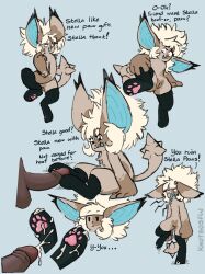 angry anthro balls big_ears blonde_hair blue_body blue_skin bodily_fluids brown_body brown_fur brown_skin canid canine clothing comic cum diamond_dog_(mlp) disembodied_penis duo erection female foot_fetish foot_play footjob footwear friendship_is_magic fur genital_fluids genitals hair hasbro hi_res human humanoid_genitalia humanoid_penis hybrid interspecies knotsosfw male male/female mammal my_little_pony pawjob penis pussy sex simple_background socks spiked_tail spikes spikes_(anatomy) stella_(knotsosfw) text tongue