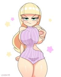 1girls artist_name big_breasts blonde_female blonde_hair blush breast_grab breasts breasts_out female gravity_falls green_eyes ohiekhe pacifica_northwest purple_sweater stars sweater_only teasing thick_thighs thighs virgin_killer_sweater white_background