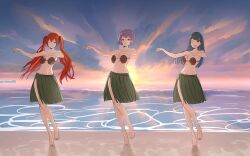 3girls ;) ariesu98 beach bernadetta_von_varley blue_hair coconut_bra dancer dancing female female_only fire_emblem fire_emblem:_three_houses fire_emblem_awakening grass_skirt hula hula_skirt hunting1208 inperpetualflux large_breasts long_hair looking_at_viewer multiple_girls nintendo ocean one_eye_closed oribe_tsubasa outdoors post-timeskip purple_hair red_hair severa_(fire_emblem) short_hair tokyo_mirage_sessions_#fe twintails very_long_hair wink